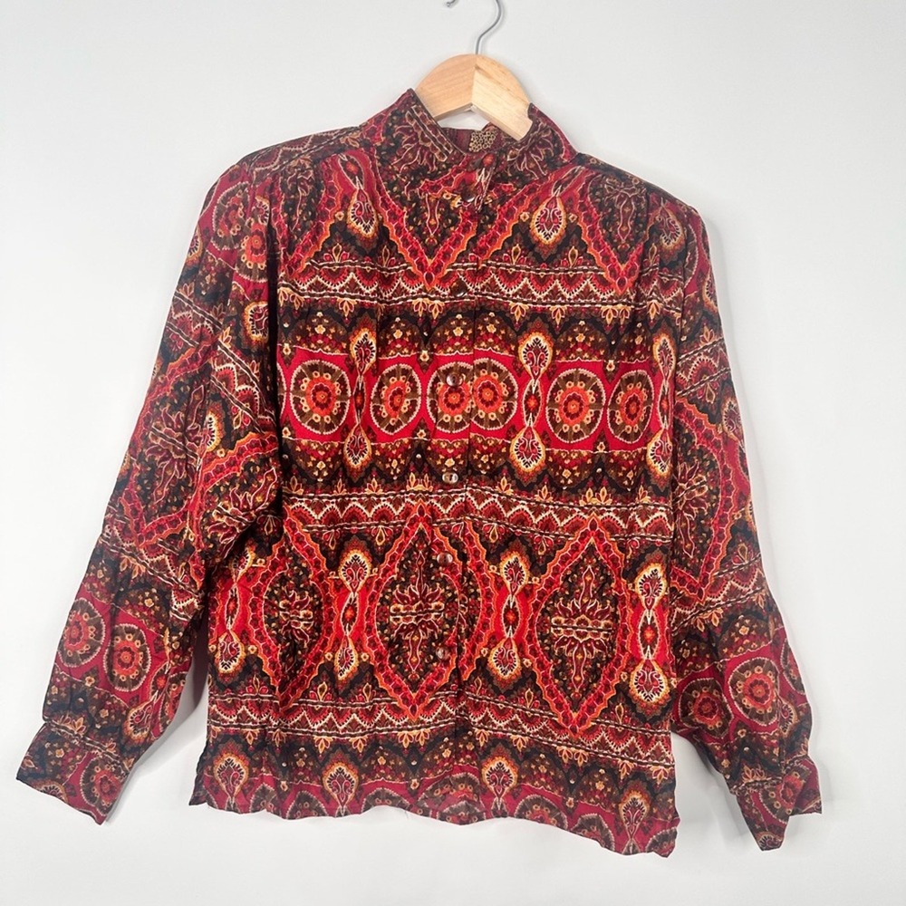 Carole Little Petites Red Paisley Medallion Pleated Back Button Up Blouse Top